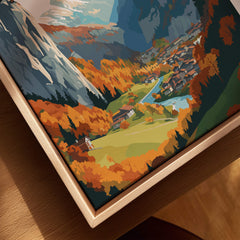 Lauterbrunnen Poster Print featuring a vibrant depiction of the Swiss Alps and autumn scenery.