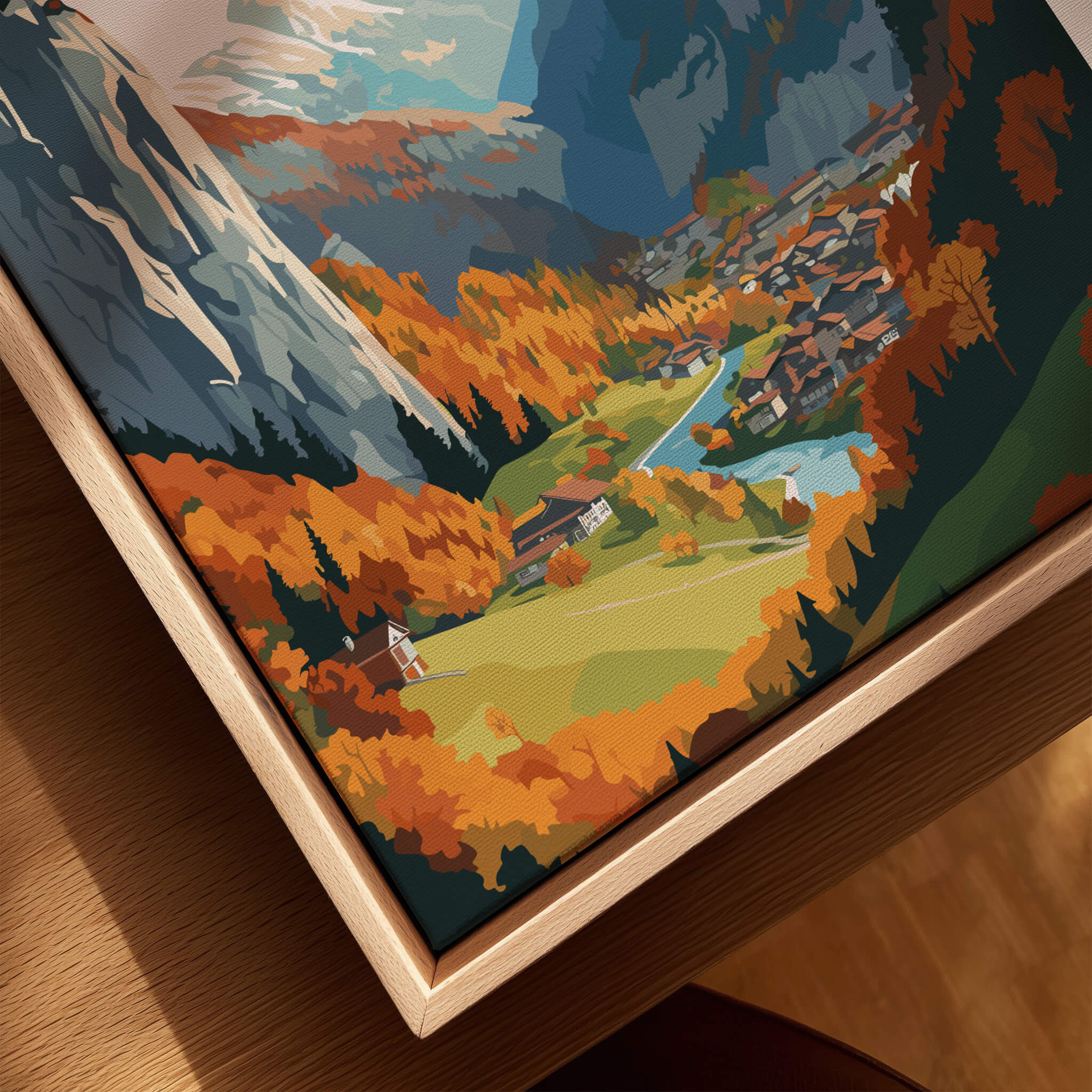 Lauterbrunnen Poster Print featuring a vibrant depiction of the Swiss Alps and autumn scenery.