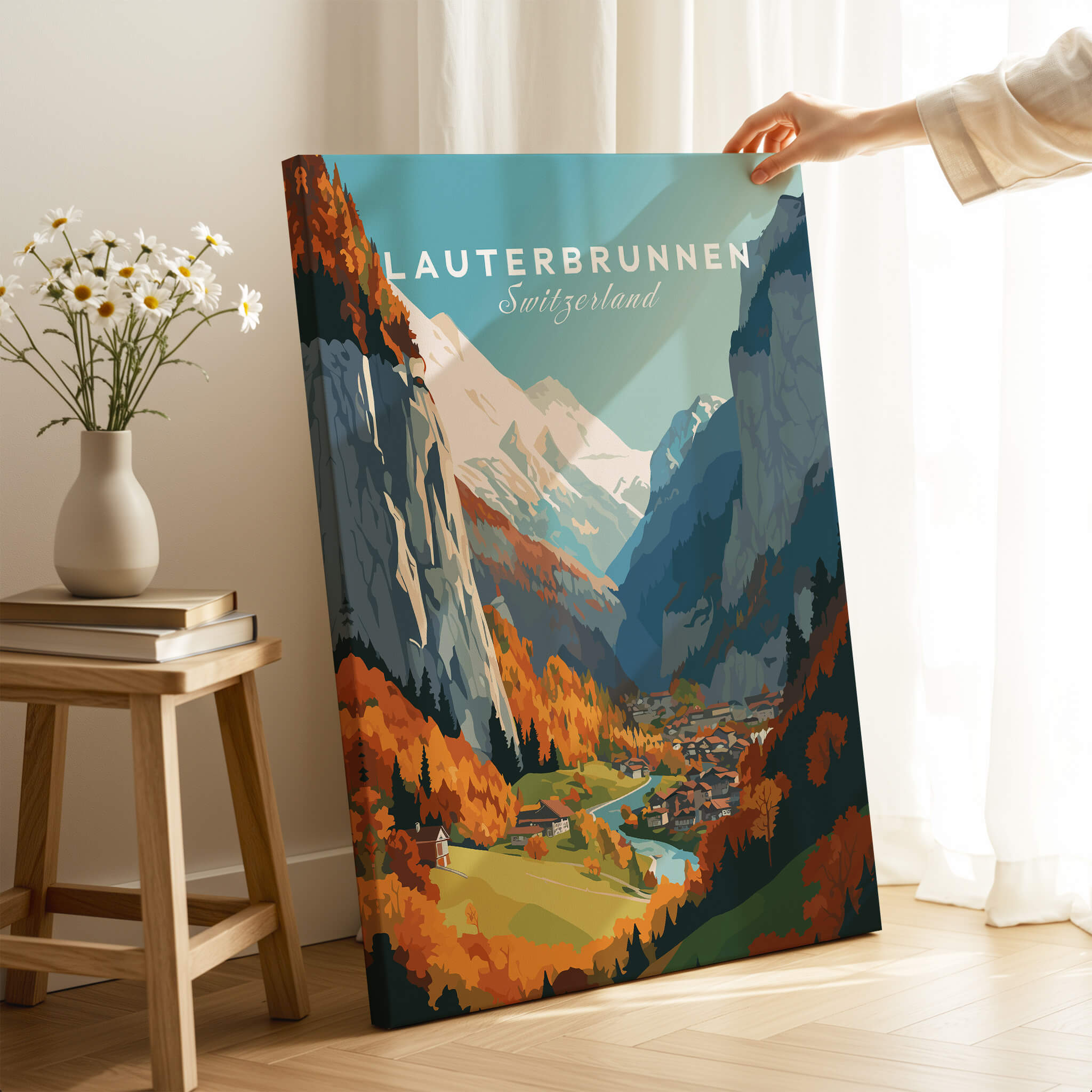 Lauterbrunnen Poster Print featuring a scenic view of the Swiss Alps and autumn colors.