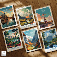 Lauterbrunnen Poster Print featuring scenic views from Swiss Alps with other travel posters of Venice, Paris, Singapore, and Sri Lanka.