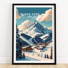 Lech Zürs am Arlberg Ski Print showcasing snowy mountains and ski trails in a vibrant landscape.