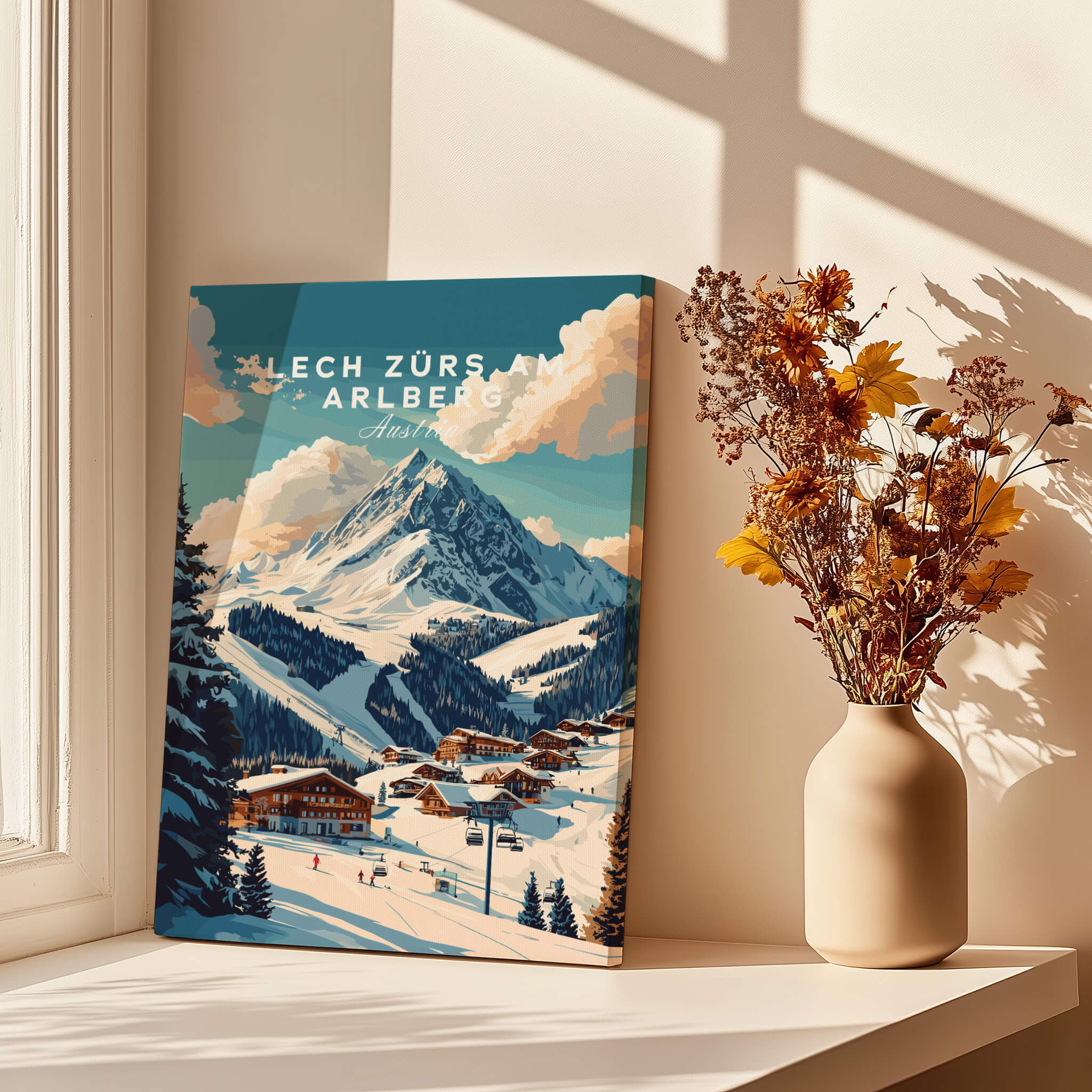 Lech Zürs am Arlberg Ski Print featuring beautiful snowy Alpine scenery and chalets.