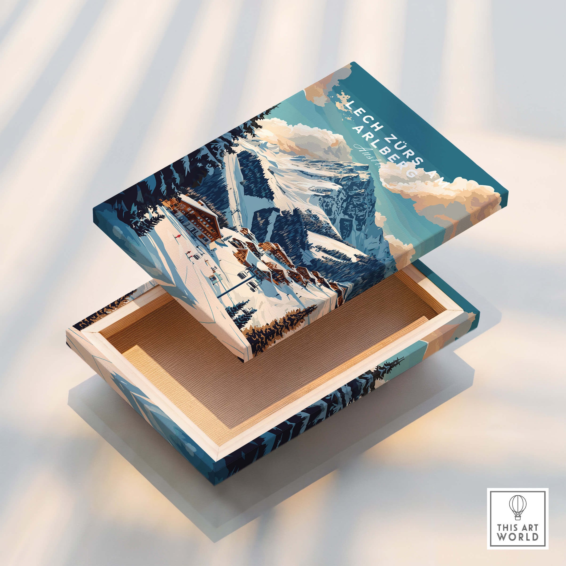 Lech Zürs am Arlberg Ski Print on a decorative box showcasing snowy mountains and ski landscapes.