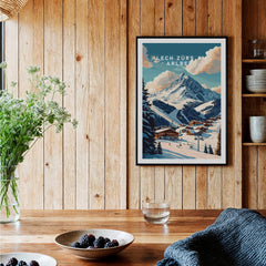 Lech Zürs am Arlberg Ski Print featuring snowy mountains and charming alpine cabins in a cozy interior setting.