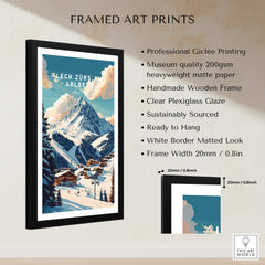 Lech Zürs am Arlberg Ski Print framed art print with wooden frame and scenic mountain background.