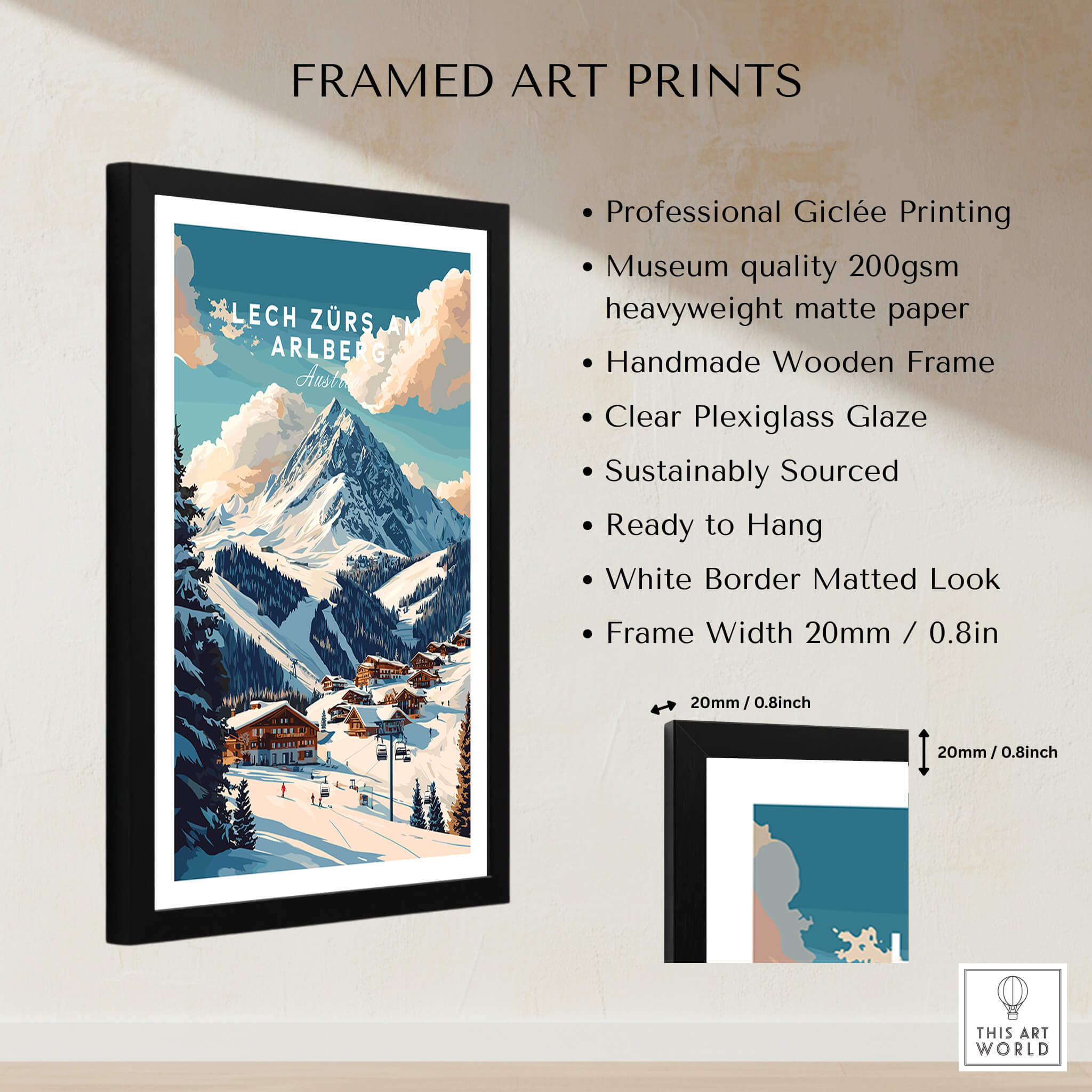 Lech Zürs am Arlberg Ski Print framed art print with wooden frame and scenic mountain background.
