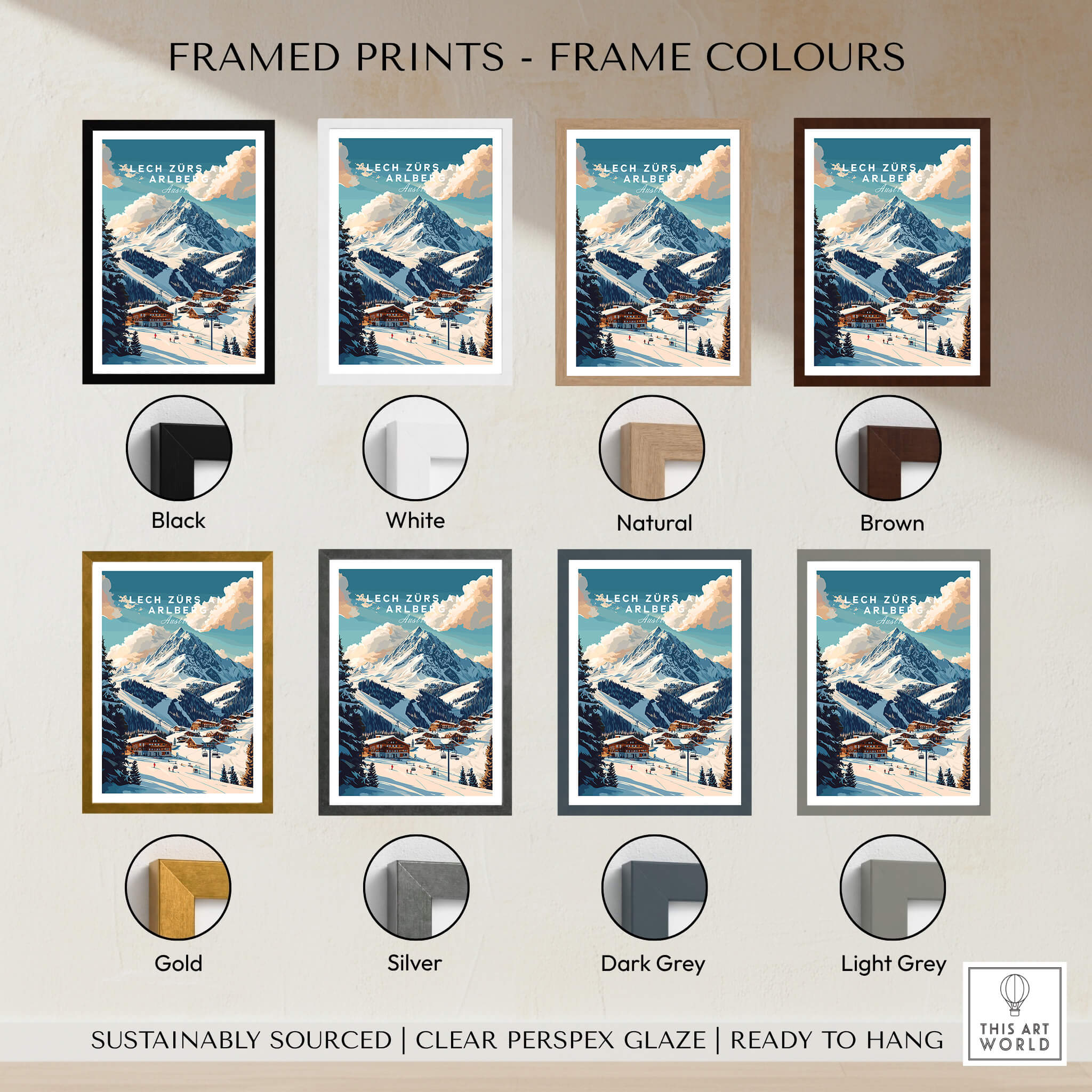 Framed prints of Lech Zürs am Arlberg Ski Print in various frame colors including black, white, natural, and brown.