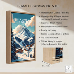 Lech Zürs am Arlberg Ski Print on a framed canvas, showcasing a snowy mountain landscape with a wooden frame.
