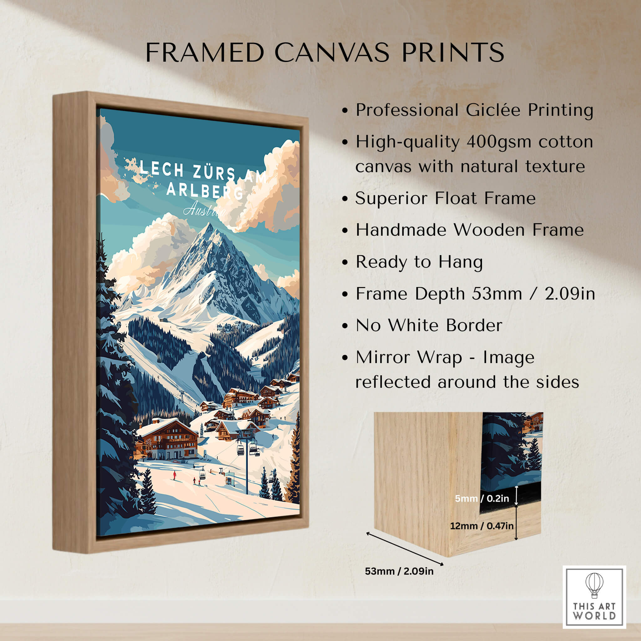 Lech Zürs am Arlberg Ski Print on a framed canvas, showcasing a snowy mountain landscape with a wooden frame.