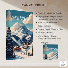 Lech Zürs am Arlberg Ski Print showcasing the snowy Alps and charming village with professional giclée printing.