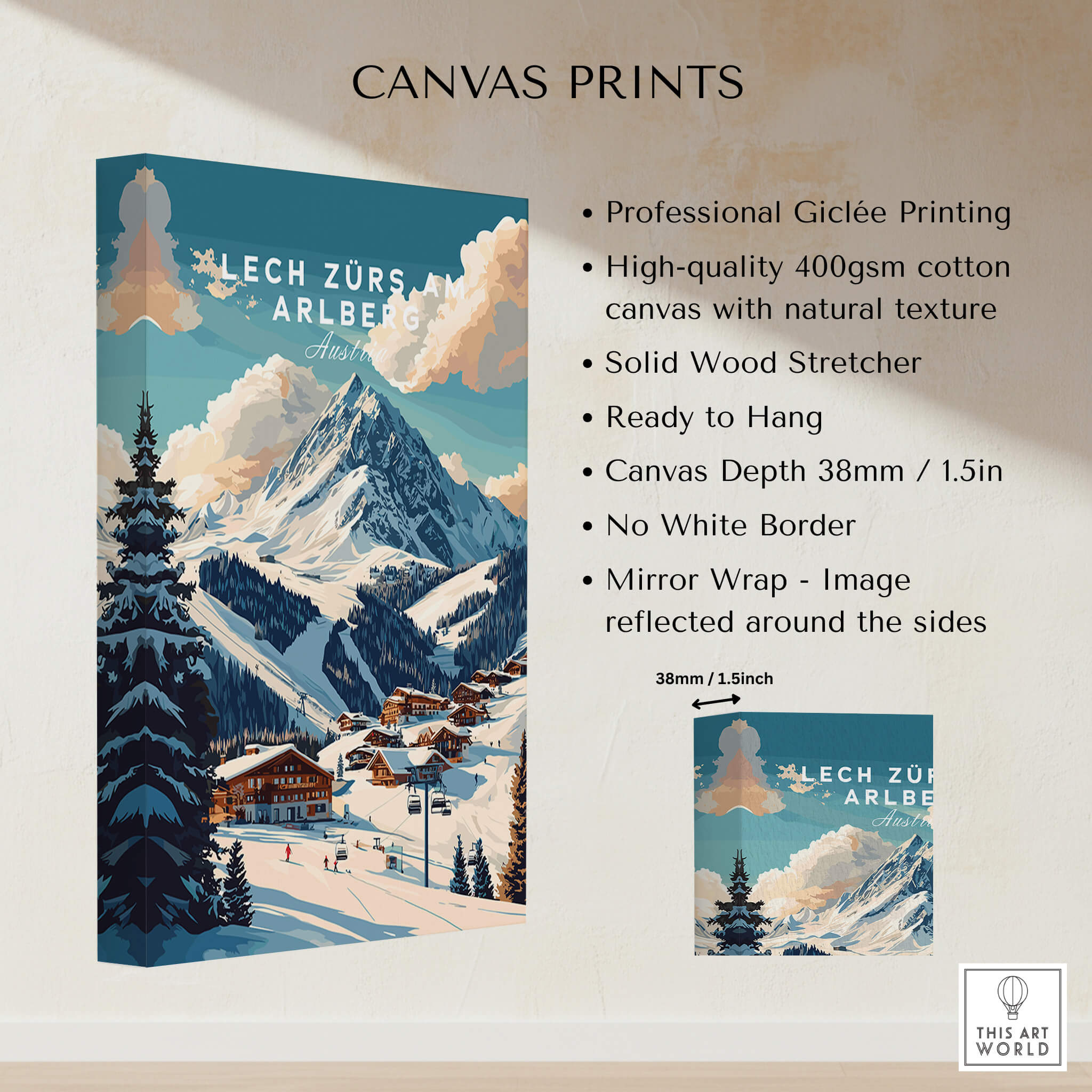 Lech Zürs am Arlberg Ski Print showcasing the snowy Alps and charming village with professional giclée printing.