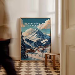 Lech Zürs am Arlberg Ski Print showcasing stunning mountain view and ski village decor in a stylish interior setting.