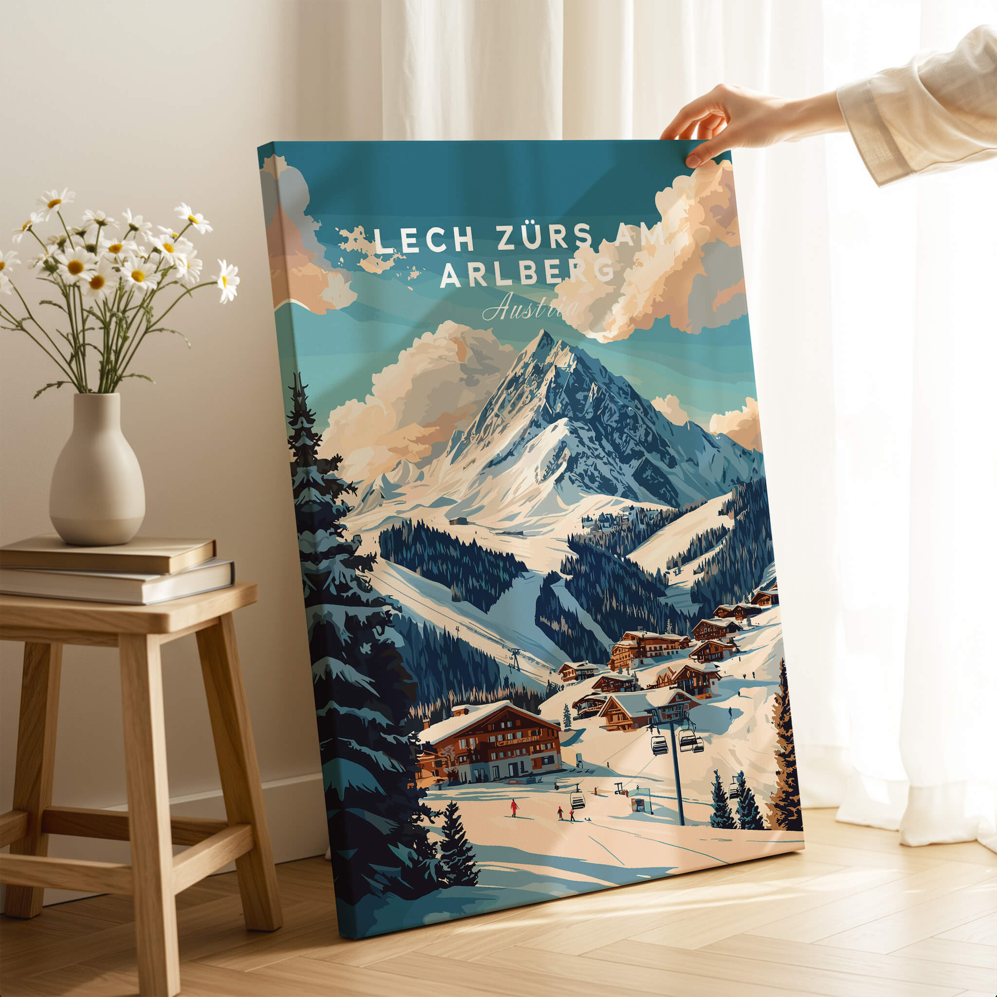 Lech Zürs am Arlberg Ski Print featuring dramatic mountain scenery and charming ski village.