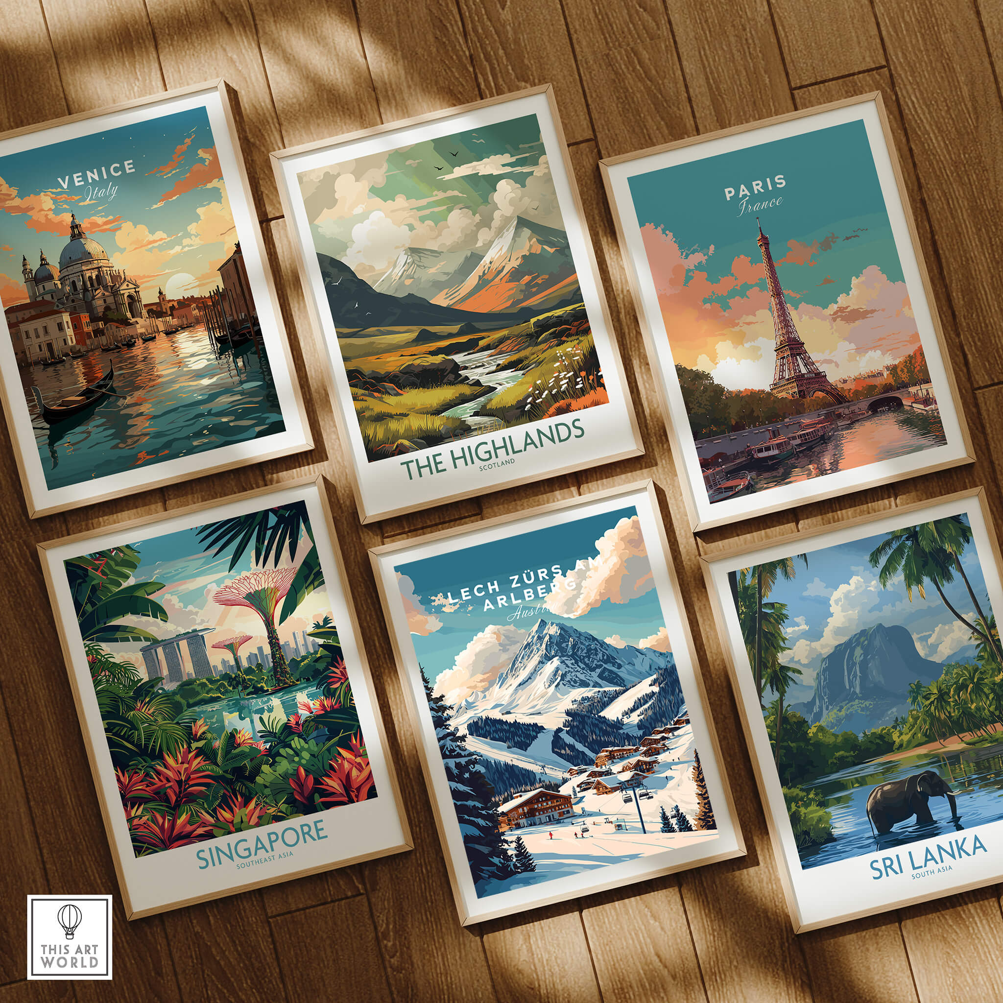 Framed travel prints including Lech Zürs am Arlberg Ski Print, showcasing stunning landscapes and iconic landmarks.