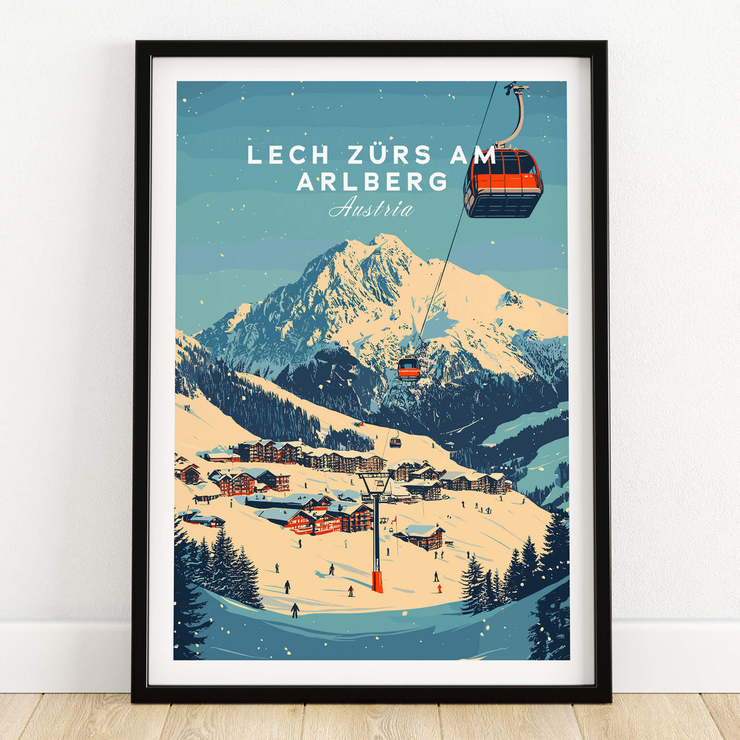 Lech Zürs am Arlberg Ski Wall Art Print featuring serene ski scene and majestic mountains in Austria.