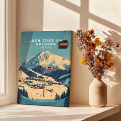Lech Zürs am Arlberg Ski Wall Art Print displayed on a shelf with a vase and flowers.