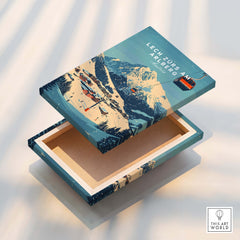 Lech Zürs am Arlberg Ski Wall Art Print featuring a colorful ski scene on an open box.