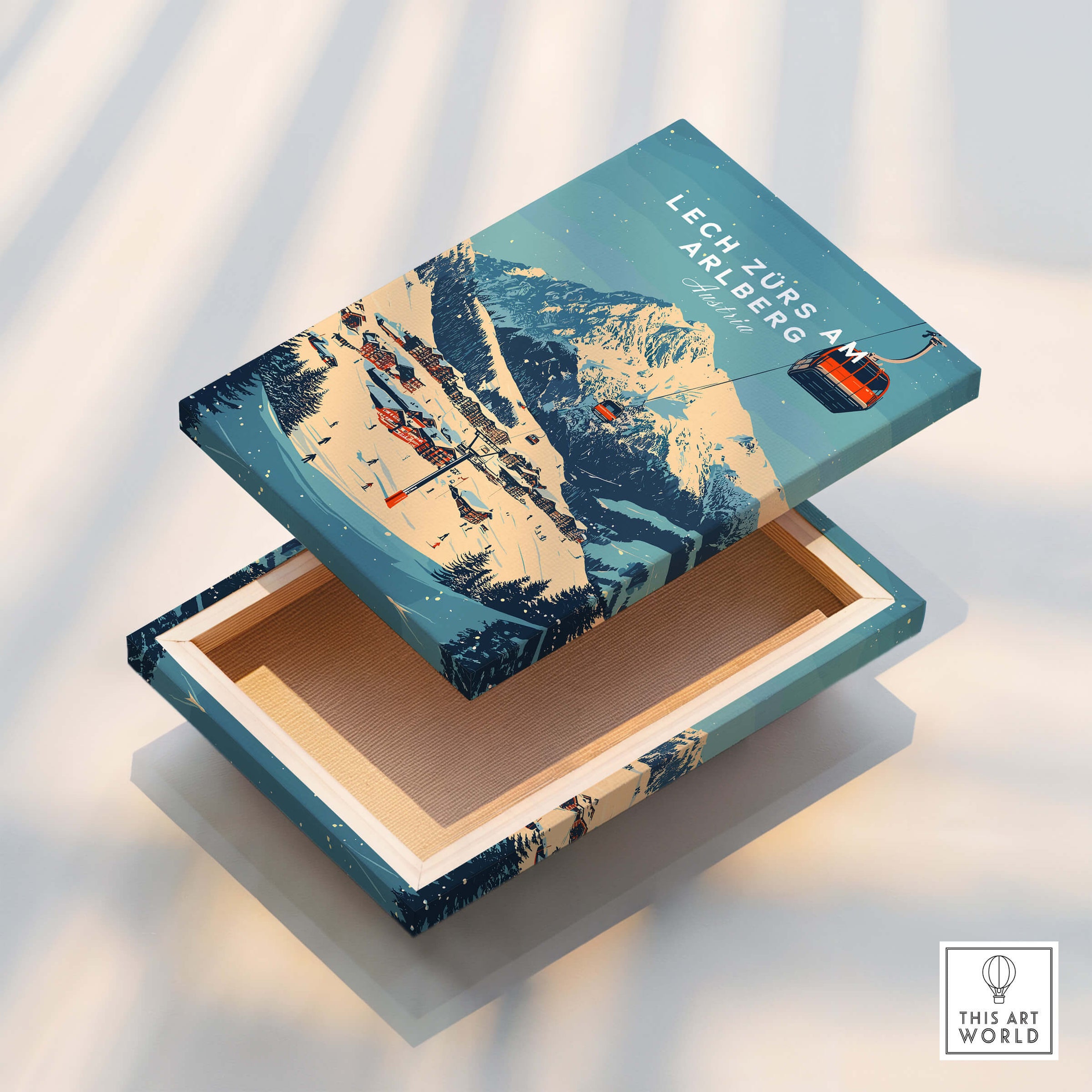 Lech Zürs am Arlberg Ski Wall Art Print featuring a colorful ski scene on an open box.