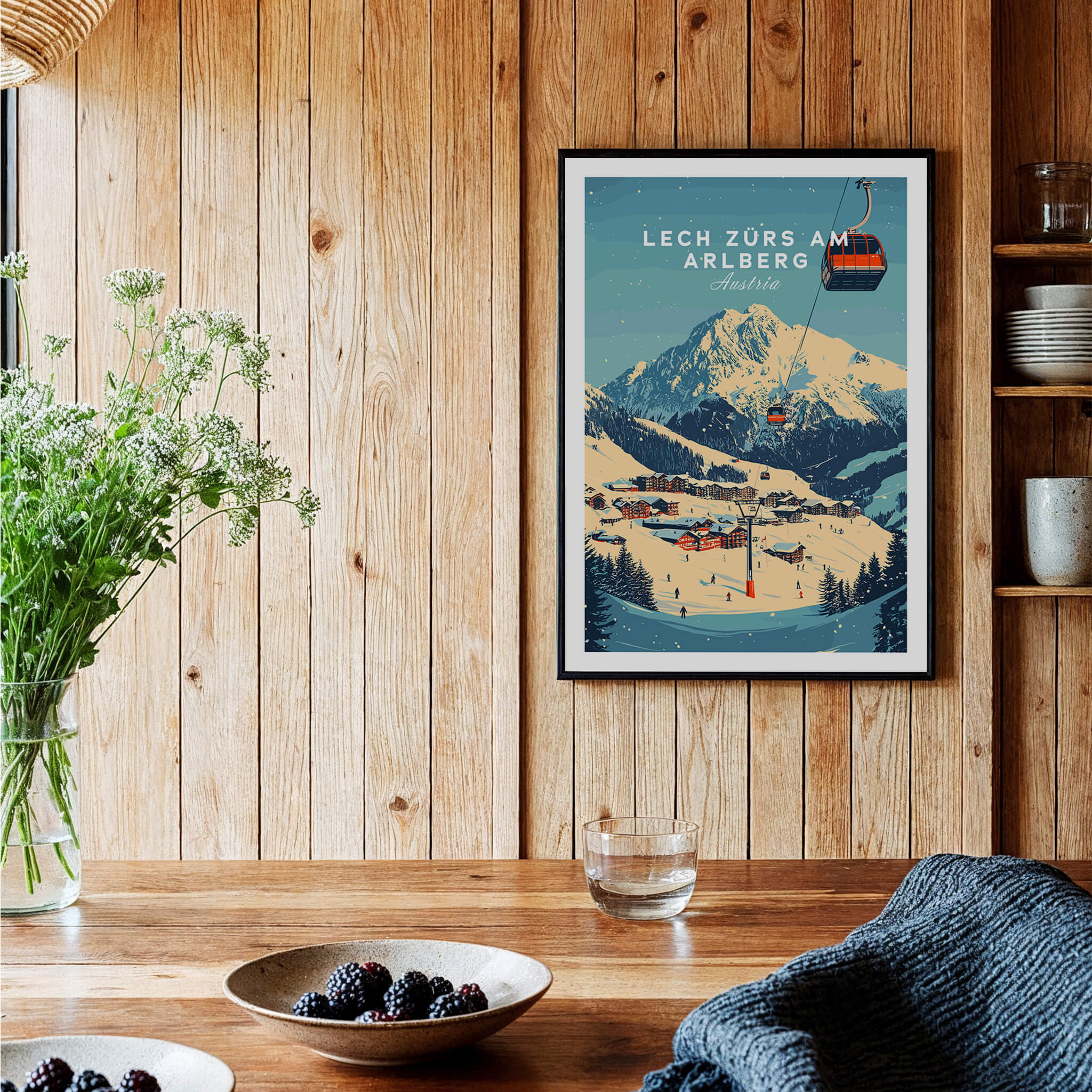 Lech Zürs am Arlberg Ski Wall Art Print displayed in a cozy interior with wooden accents and fresh flowers.