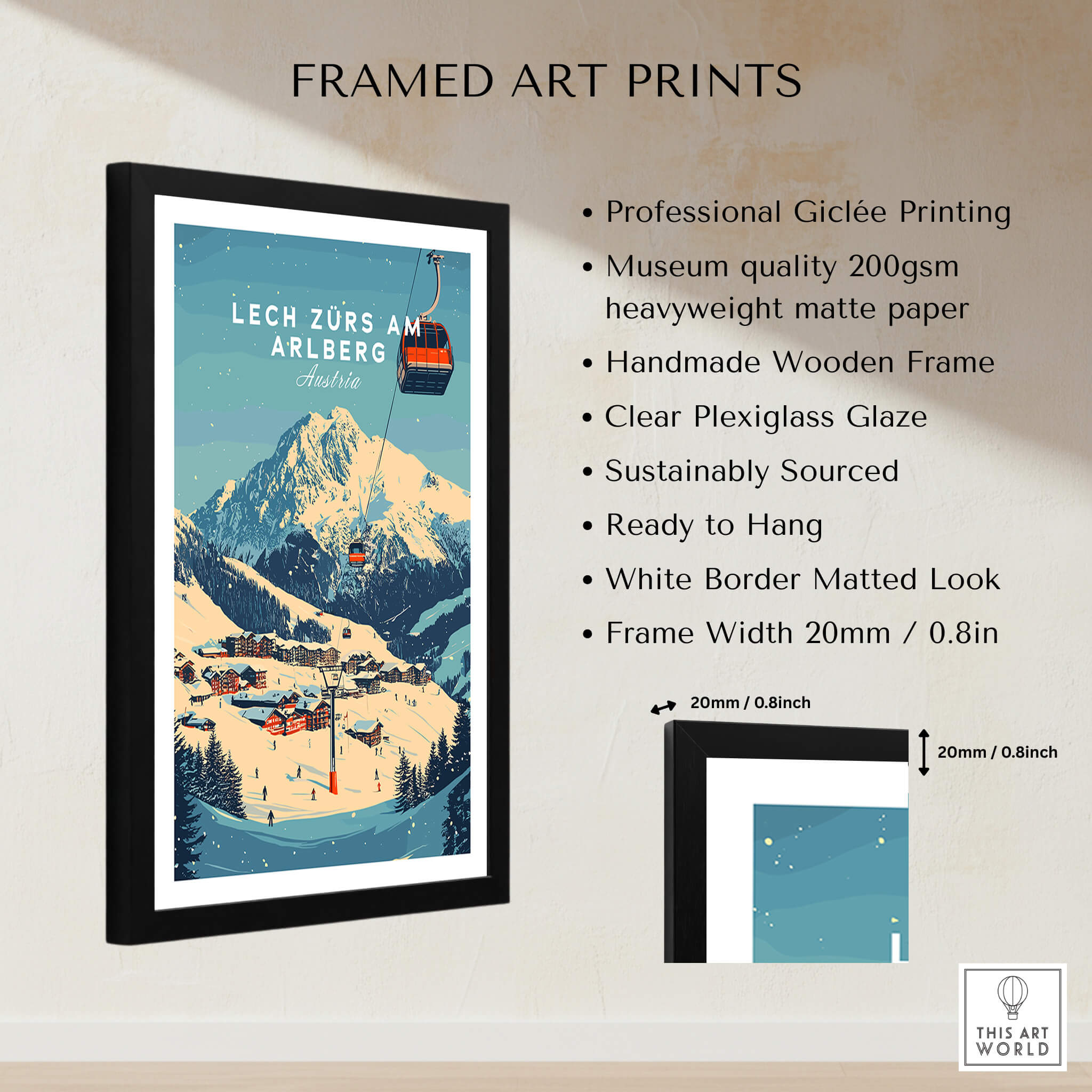 Lech Zürs am Arlberg Ski Wall Art Print featuring a scenic mountain view with a ski lift and framed design.