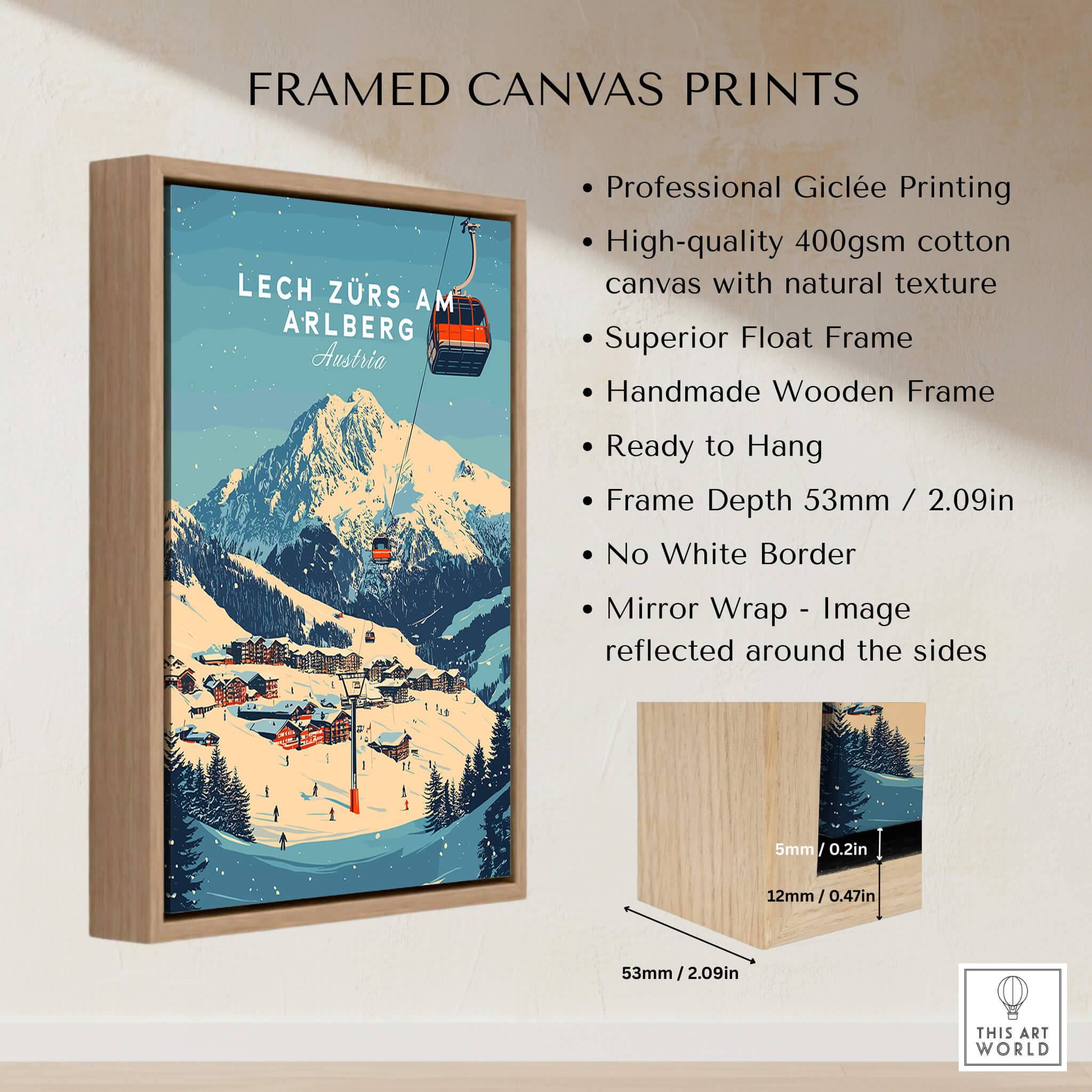 Lech Zürs am Arlberg Ski Wall Art Print displayed in a wooden frame with professional Giclée printing.