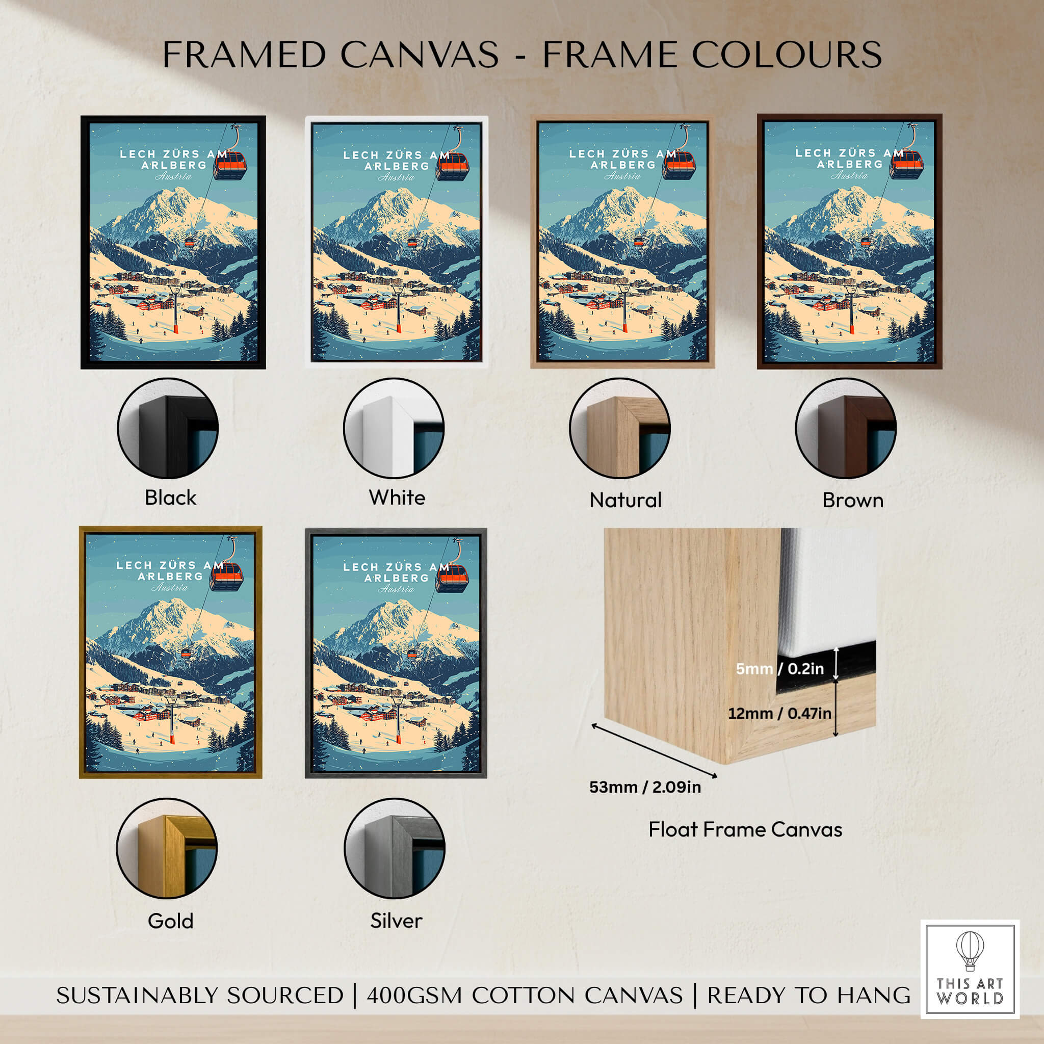 Framed canvas options for Lech Zürs am Arlberg Ski Wall Art Print featuring various frame colors.
