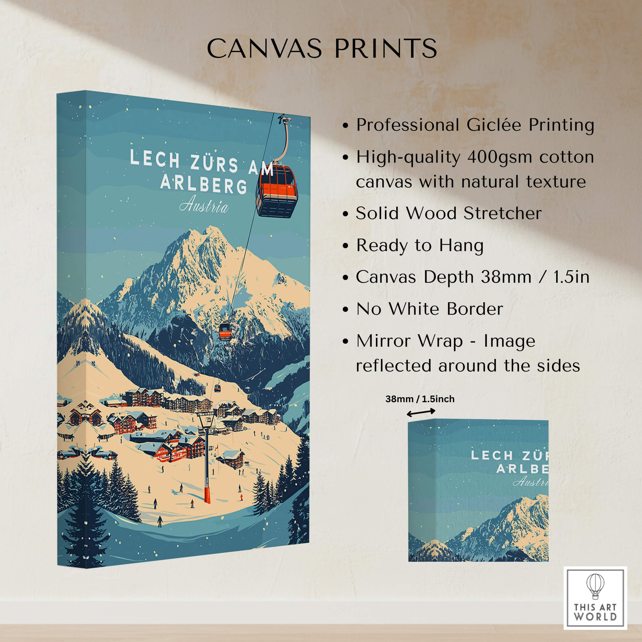 Lech Zürs am Arlberg Ski Wall Art Print showcasing professional Giclée printing and vibrant ski scene.