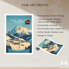 Lech Zürs am Arlberg Ski Wall Art Print showcasing a ski scene with a cable car and snow-covered mountains.