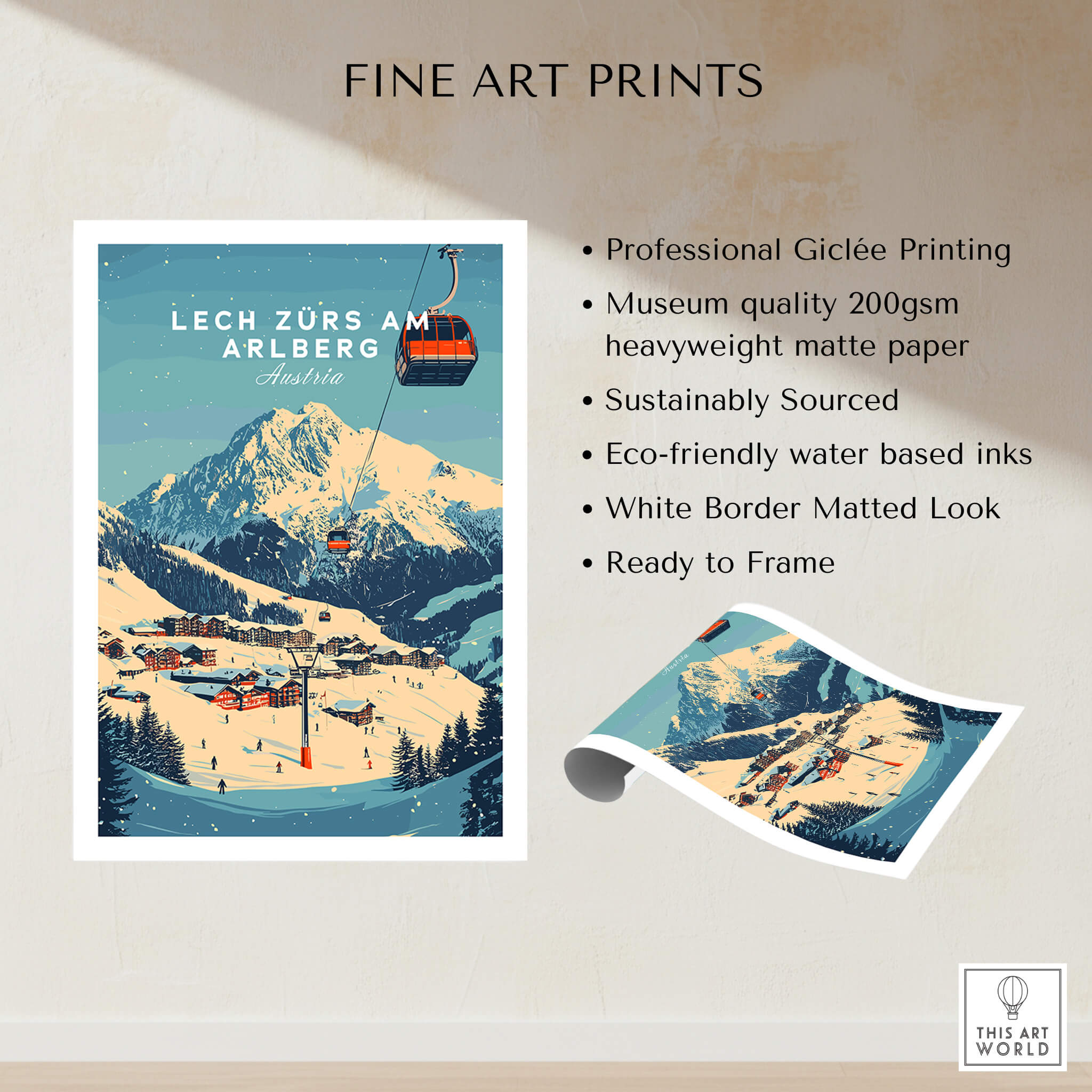 Lech Zürs am Arlberg Ski Wall Art Print showcasing a ski scene with a cable car and snow-covered mountains.