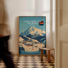 Lech Zürs am Arlberg Ski Wall Art Print featuring a scenic view of ski slopes and cable cars in a stylish home setting.