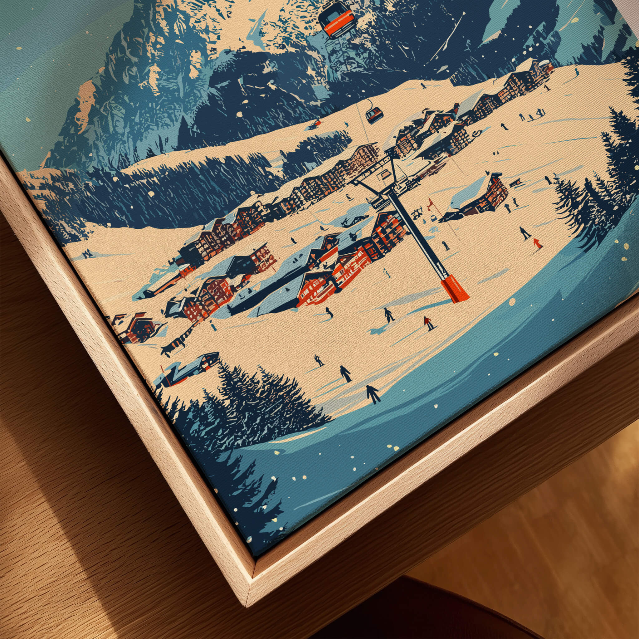 Lech Zürs am Arlberg Ski Wall Art Print showing a vibrant ski scene with snow-covered mountains and charming chalets.