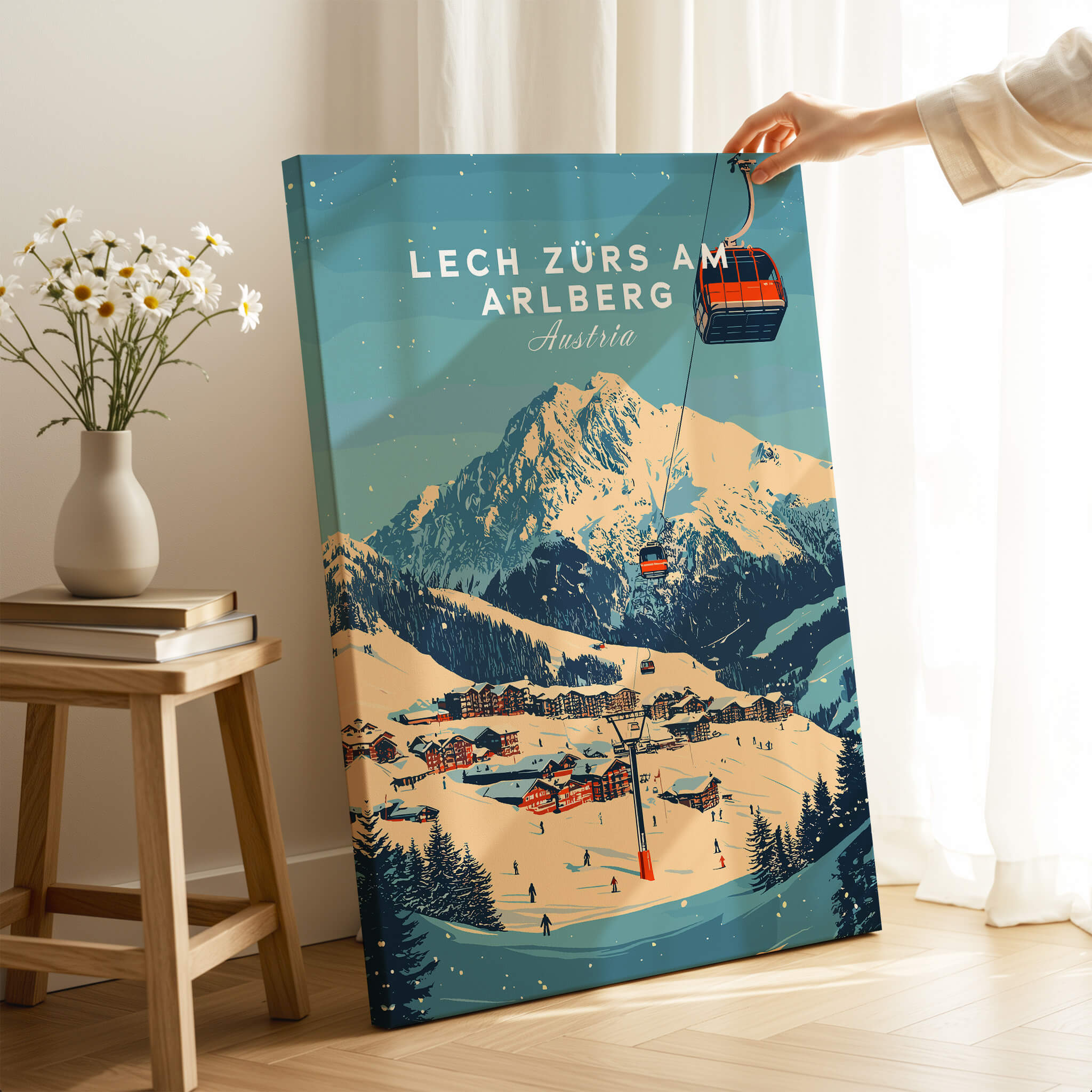 Lech Zürs am Arlberg Ski Wall Art Print showcasing a picturesque ski scene with mountain and gondola.