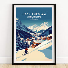 Lech Zürs am Arlberg Print Austria featuring a skier in a snowy landscape with mountains and ski resort.