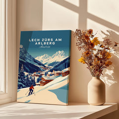 Lech Zürs am Arlberg Print Austria displayed on a windowsill with flowers, showcasing winter sports scenery.