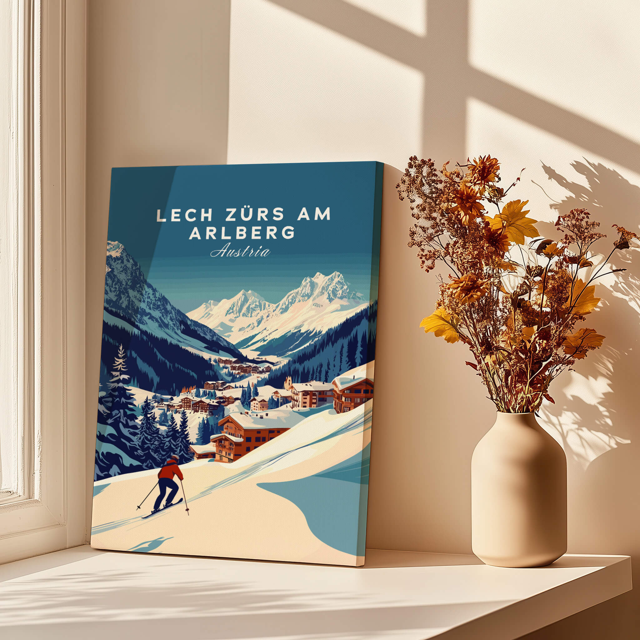 Lech Zürs am Arlberg Print Austria displayed on a windowsill with flowers, showcasing winter sports scenery.