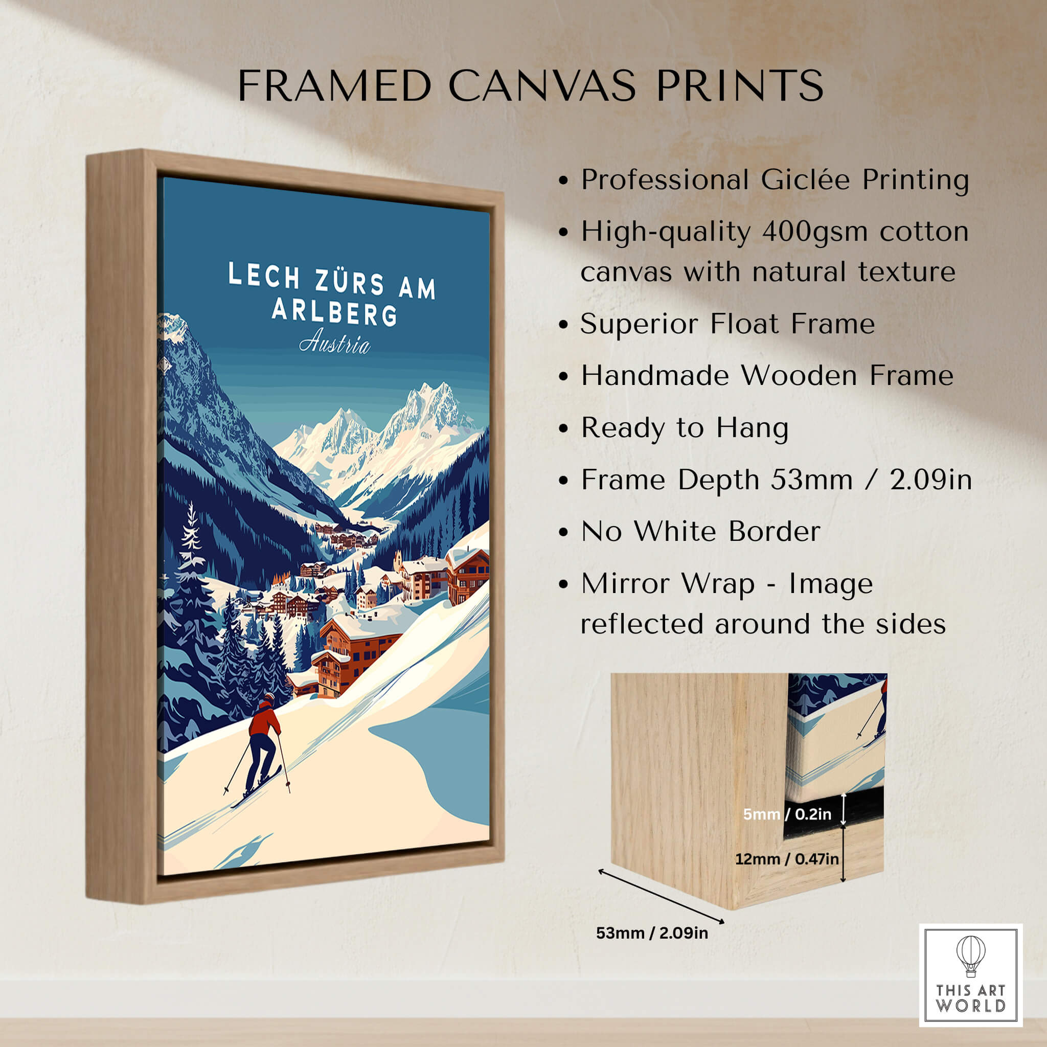 Lech Zürs am Arlberg Print Austria in a framed canvas with natural texture and handmade wooden frame.