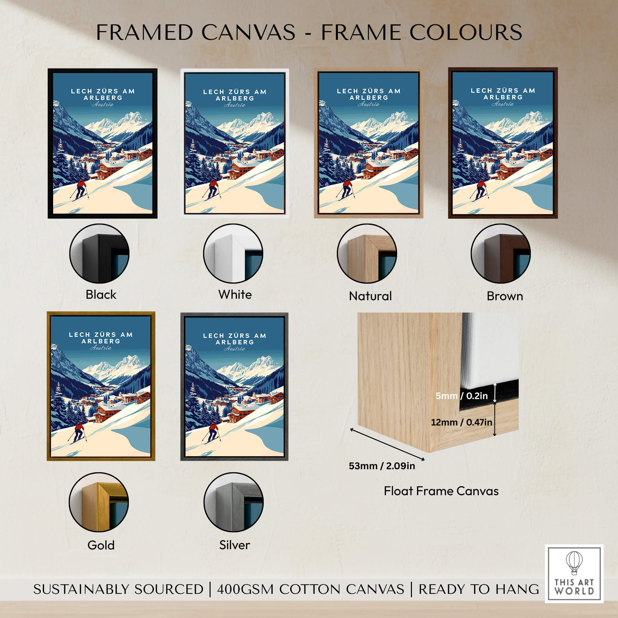 Framed canvas options for Lech Zürs am Arlberg Print Austria in various colors including black, white, natural, brown, gold, and silver.