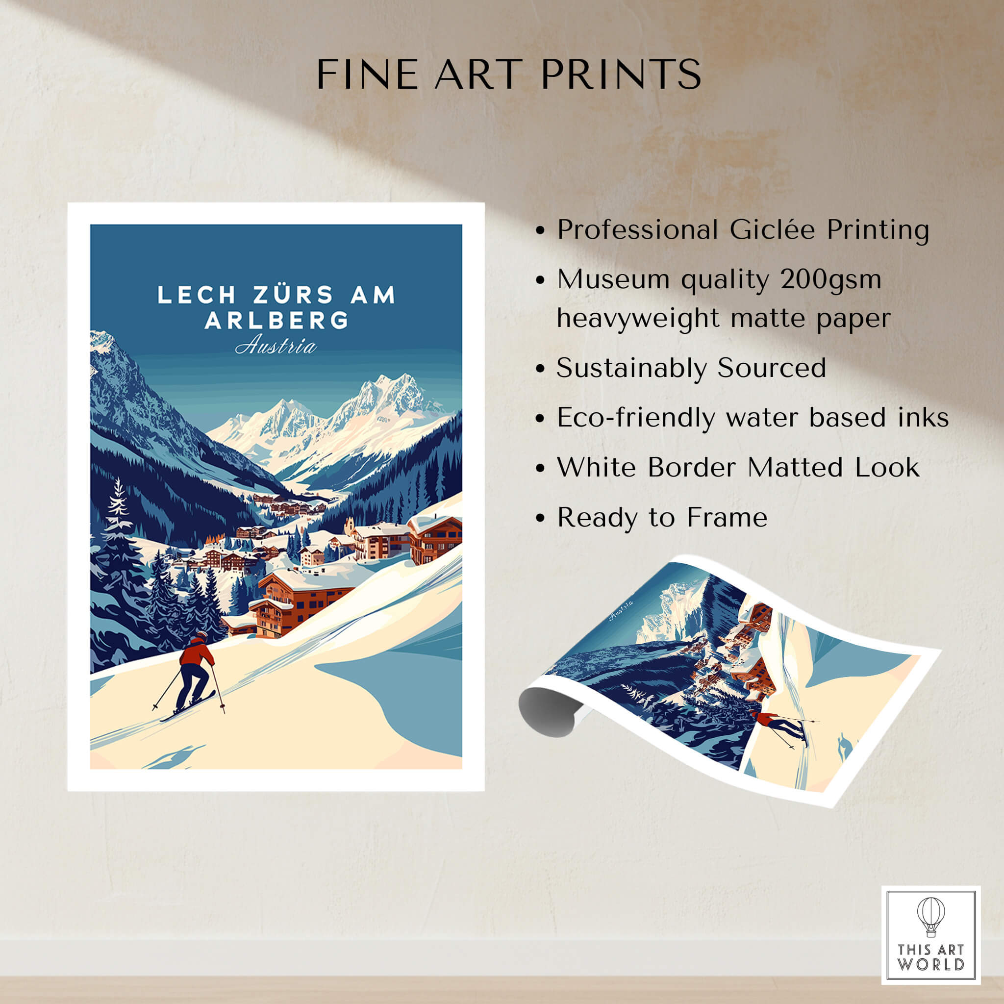 Lech Zürs am Arlberg Print Austria showcasing a vibrant ski landscape and professional Giclée printing quality.