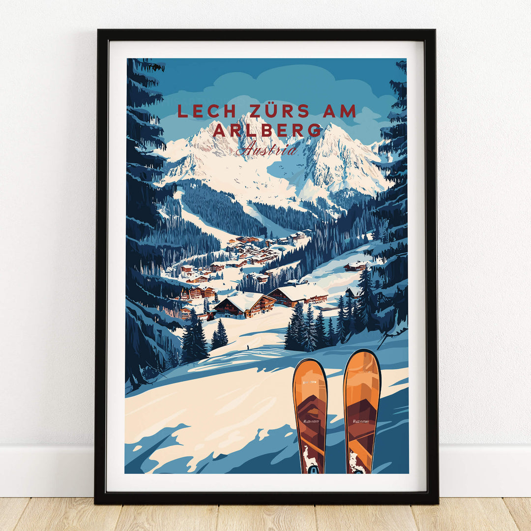 Lech Zürs am Arlberg Ski Wall Art Ski Print featuring a snowy mountain scene and skis in the foreground.