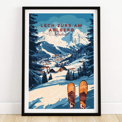 Lech Zürs am Arlberg Ski Wall Art Ski Print featuring a snowy mountain scene and skis in the foreground.