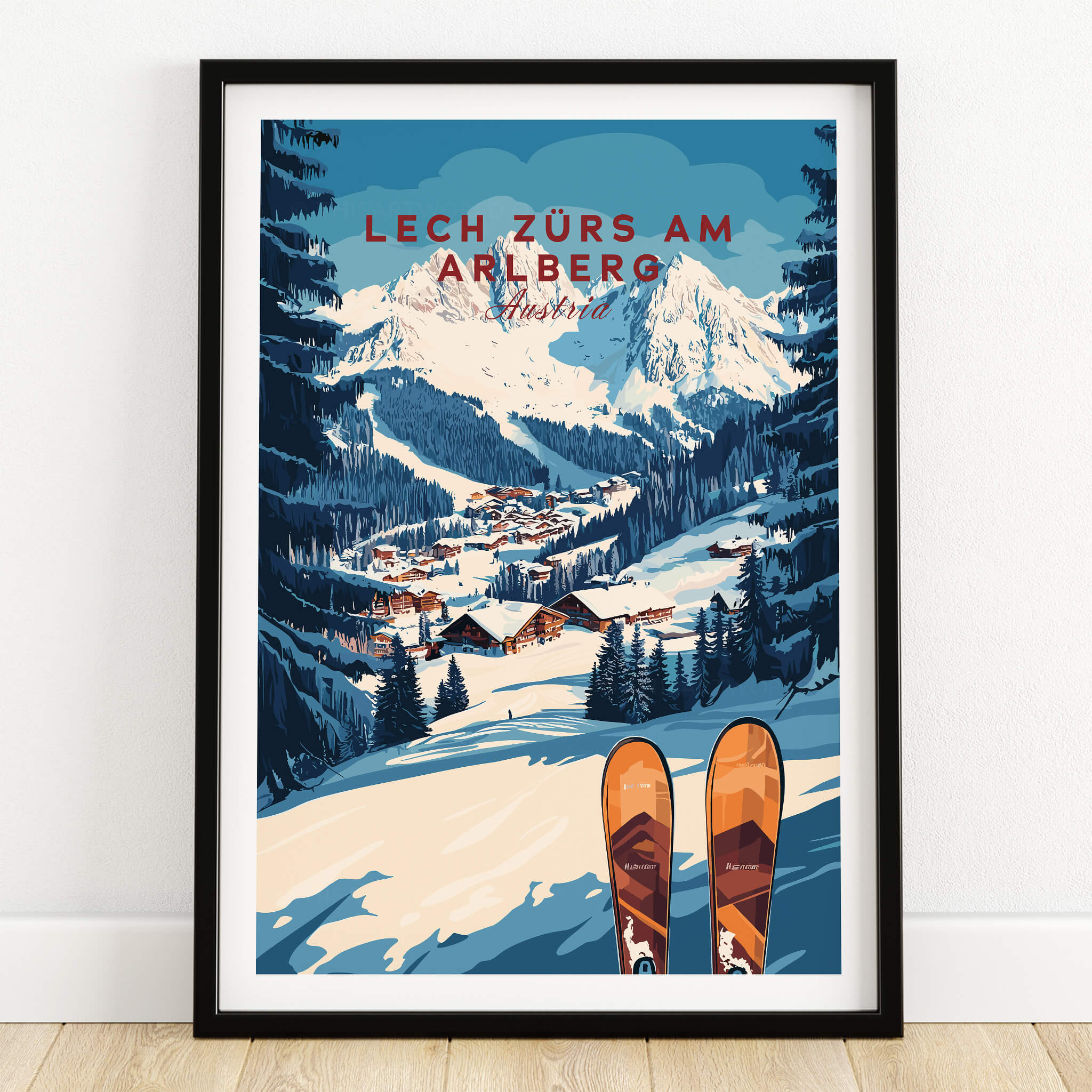 Lech Zürs am Arlberg Ski Wall Art Ski Print featuring a snowy mountain scene and skis in the foreground.