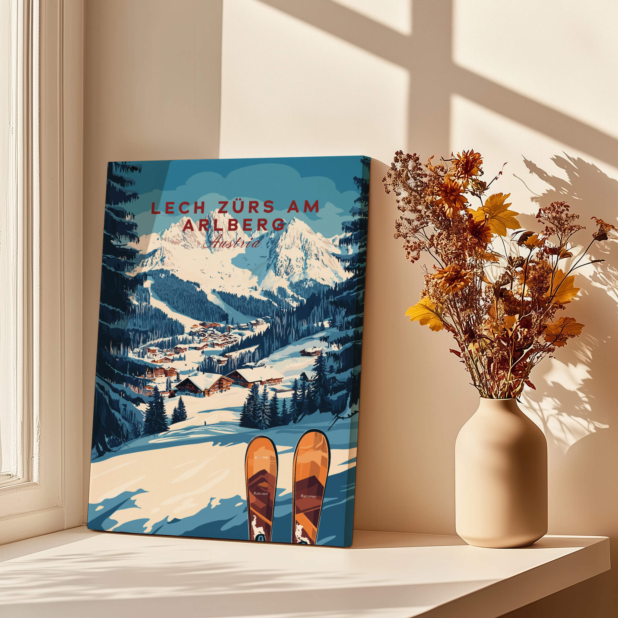 Lech Zürs am Arlberg Ski Wall Art Ski Print showcasing a stunning winter landscape with skis.