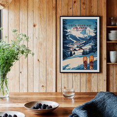 Lech Zürs am Arlberg Ski Wall Art Ski Print displayed in a cozy wooden room with a vase and bowls.