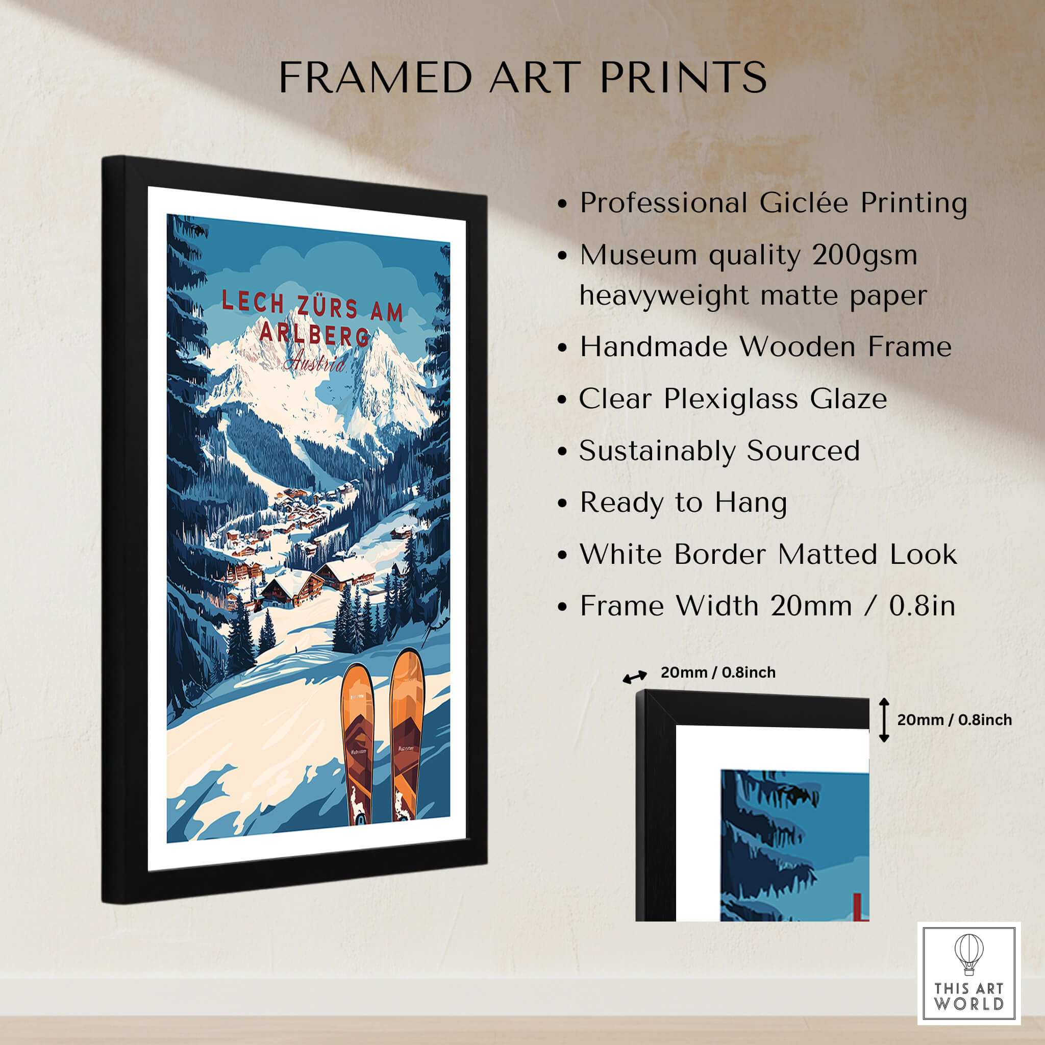 Lech Zürs am Arlberg Ski Wall Art Ski Print framed with clear glaze, showcasing a winter scene with skis, ready to hang.