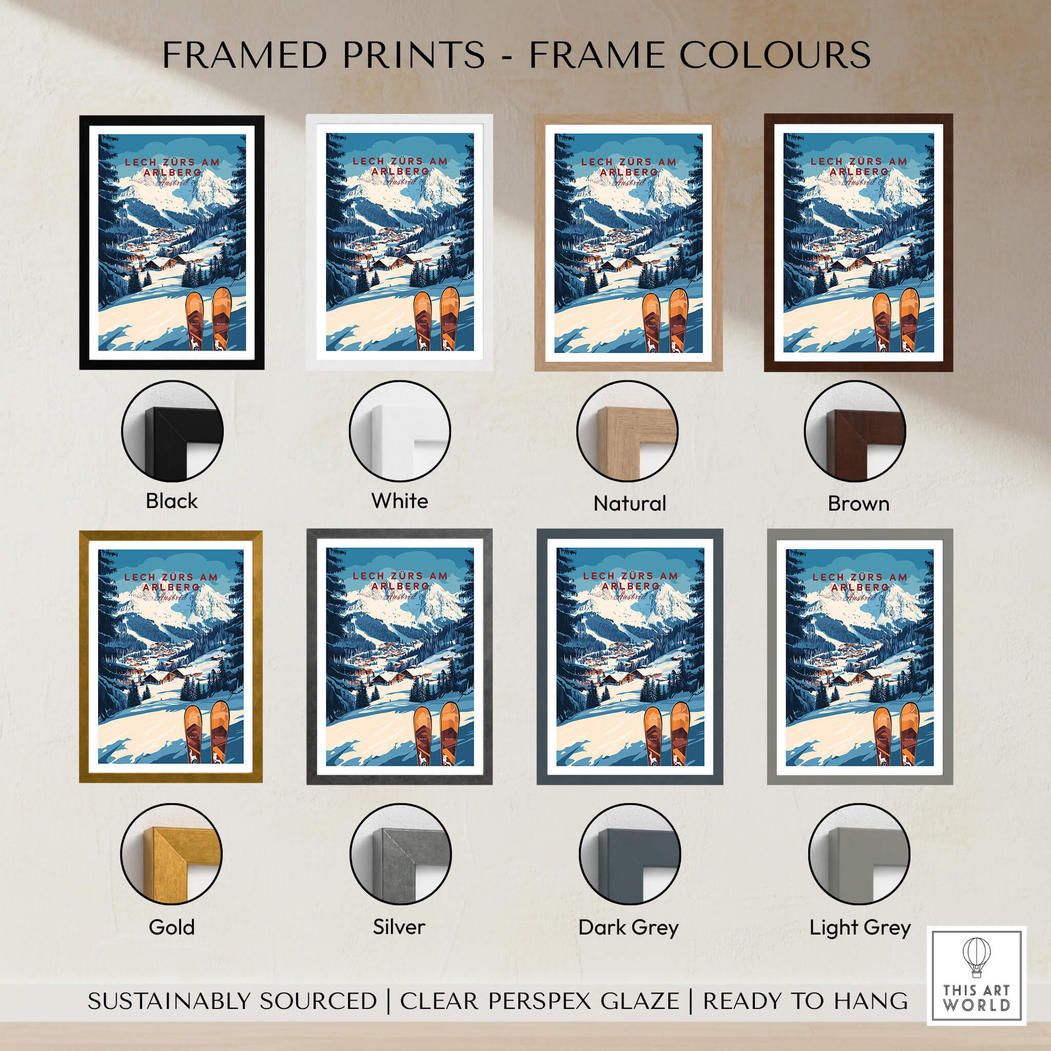 Lech Zürs am Arlberg Ski Wall Art Ski Print framed options in various colours including black, white, natural, brown, and grey.