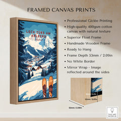 Lech Zürs am Arlberg Ski Wall Art Ski Print featuring framed canvas with snowy mountain landscape.