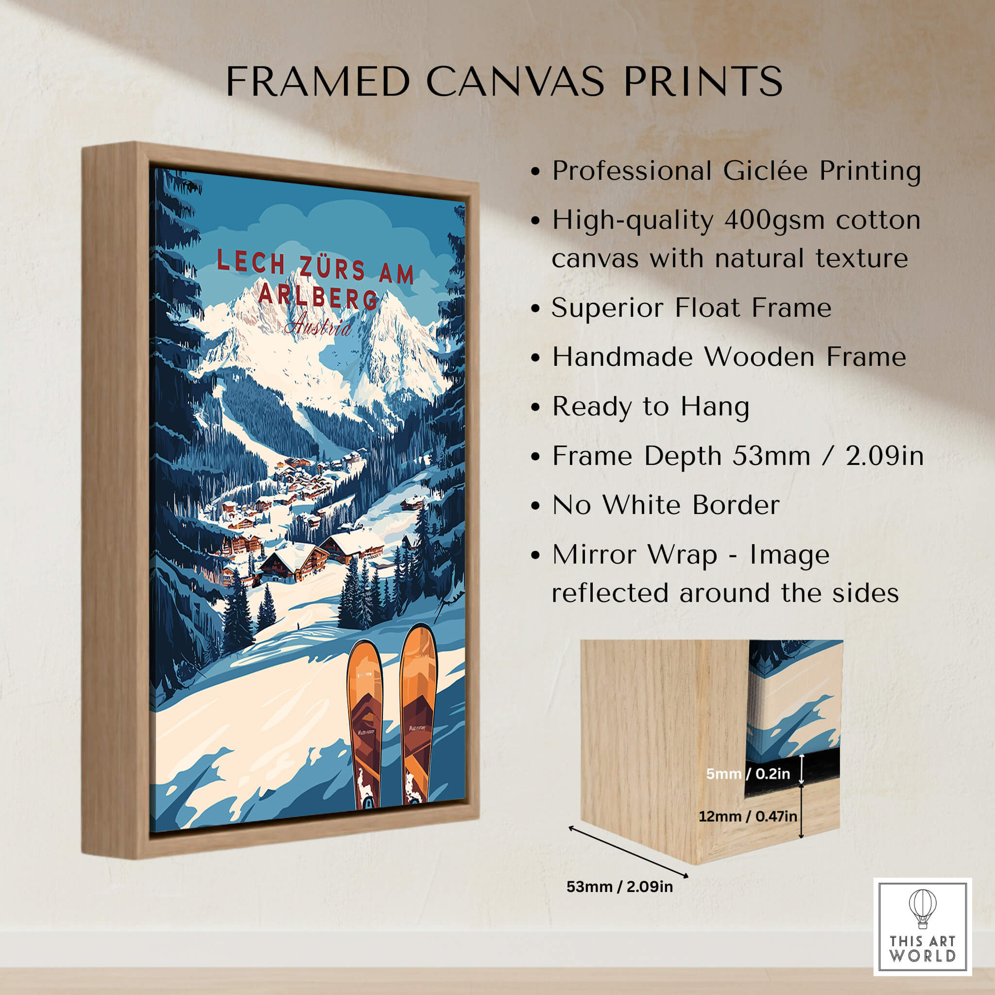 Lech Zürs am Arlberg Ski Wall Art Ski Print featuring framed canvas with snowy mountain landscape.