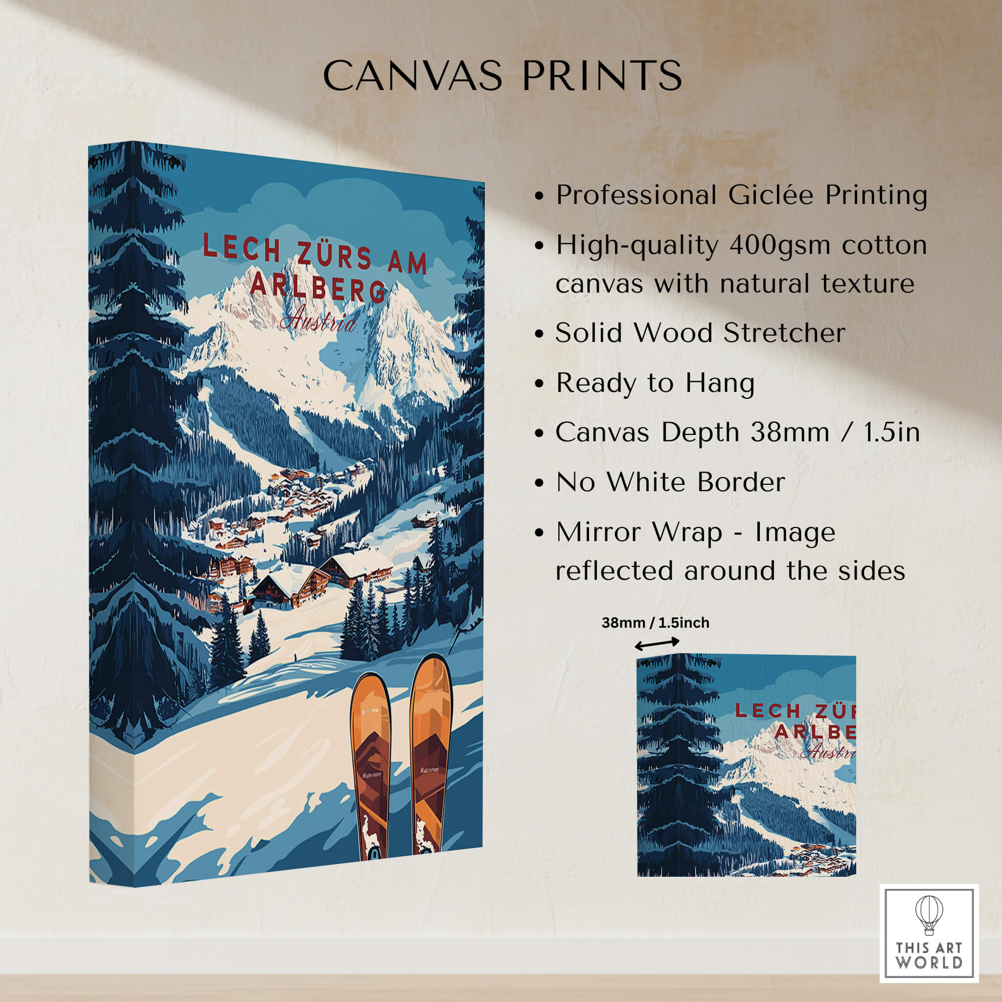 Lech Zürs am Arlberg Ski Wall Art Ski Print showcasing stunning skiing scenery and elegant design on high-quality canvas.