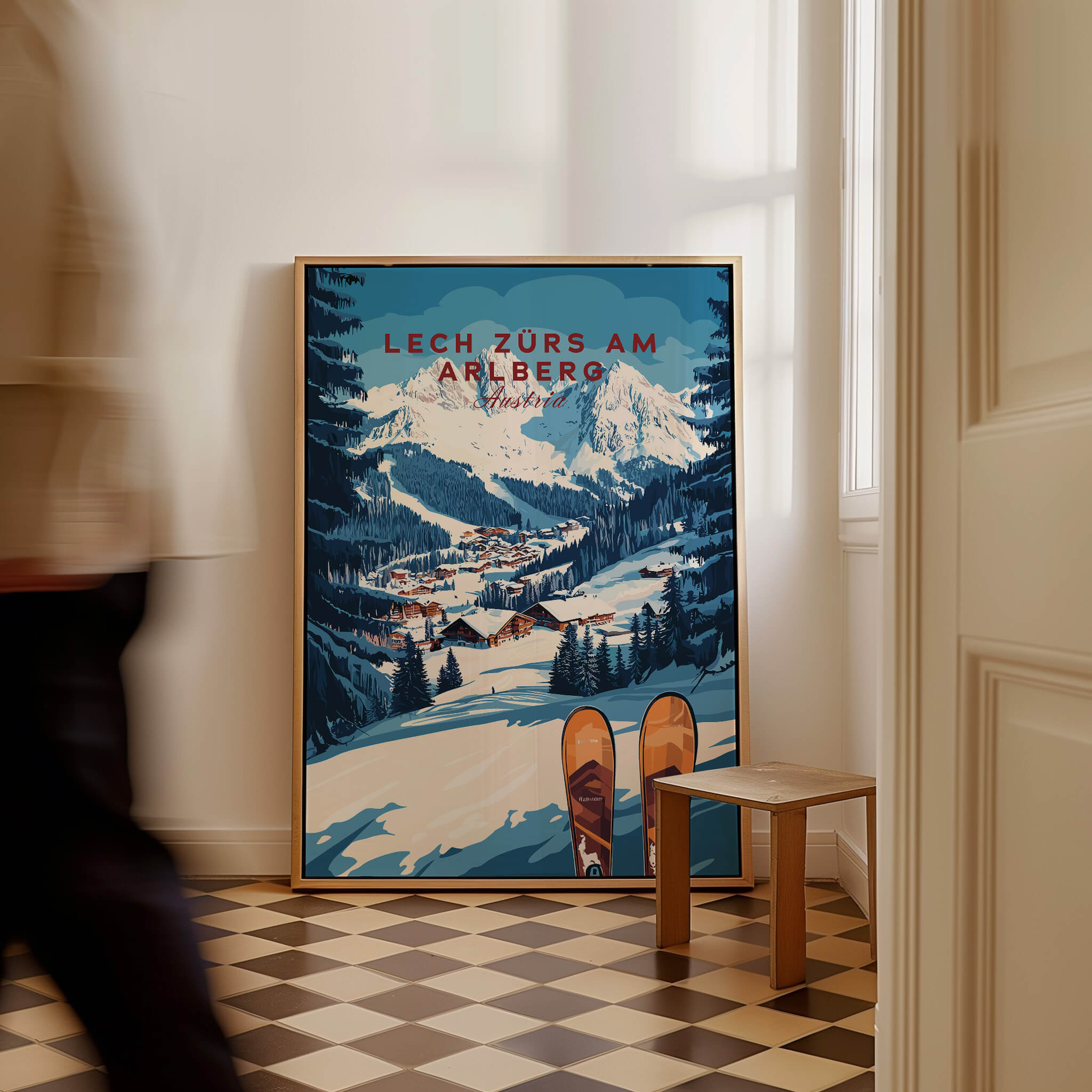 Lech Zürs am Arlberg Ski Wall Art Ski Print displayed in a stylish interior, showcasing winter landscapes and skiing.