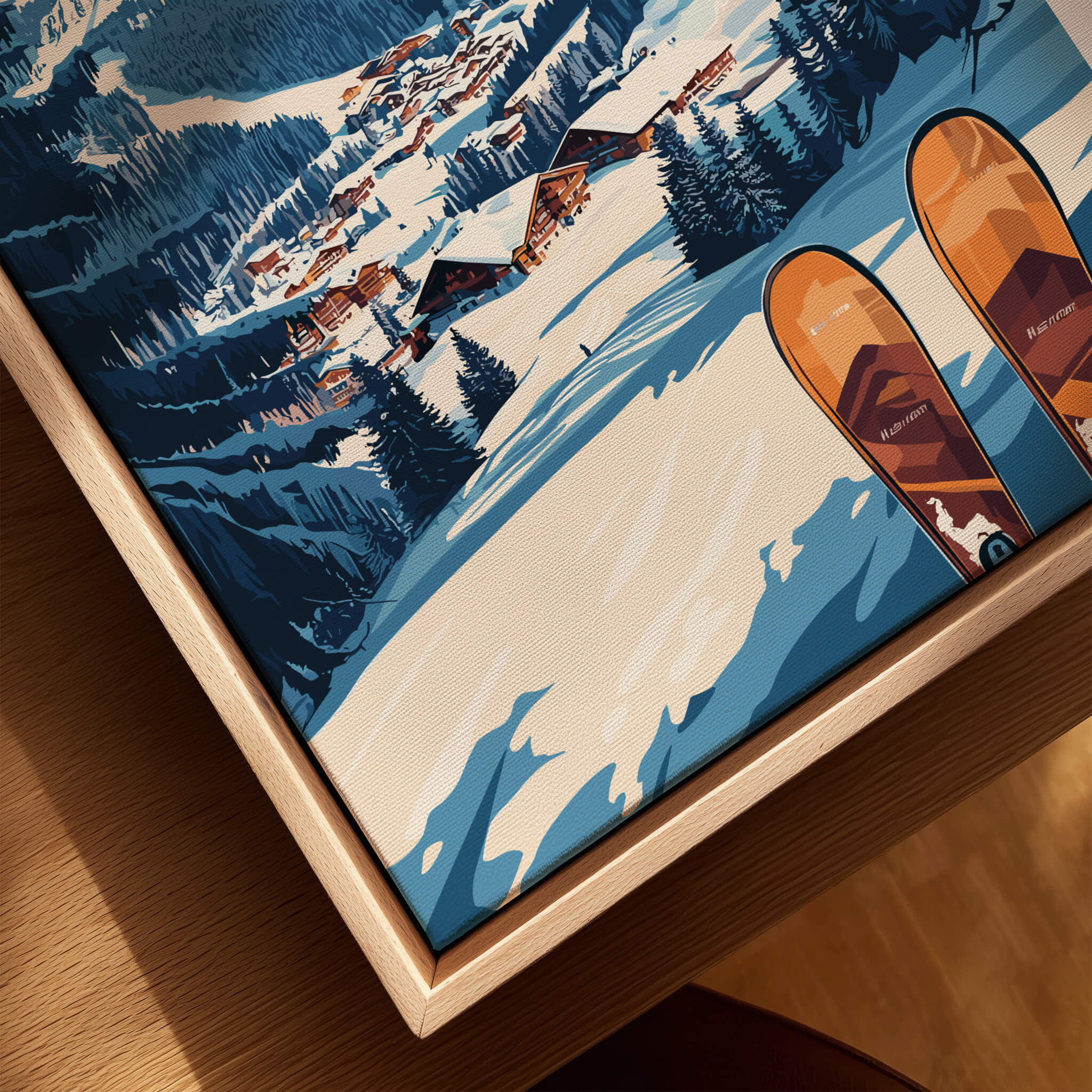 Lech Zürs am Arlberg Ski Wall Art Ski Print featuring vibrant skiing scene and ski equipment detail.